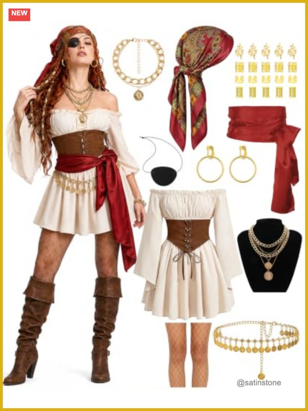 Women's 11-Piece Pirate Costume Set Off-Shoulder Dress Accessories Halloween